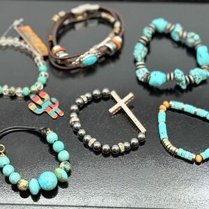 Southwestern Bracelet Lot of 6 Turquoise Cactus Cross Leather Stretch Boho
